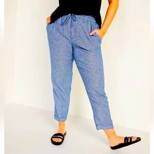 Old Navy Size M Navy Linen-Blend Straight Leg Cuffed Cropped Elastic Waist Pants